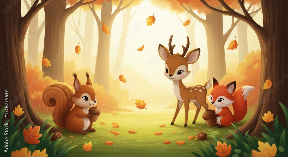 Fototapeta premium Cute woodland animals in an autumn forest, squirrel with acorns, deer, fox, golden leaves falling, soft sunlight, whimsical fairytale style