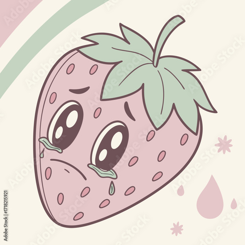 Cartoon strawberry character with tears, a sad and emotional fruit illustration