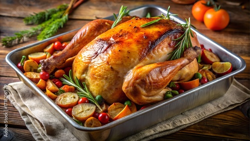 Roasted chicken in a pan with vegetables and herbs