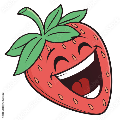 A happy strawberry cartoon character, smiling widely