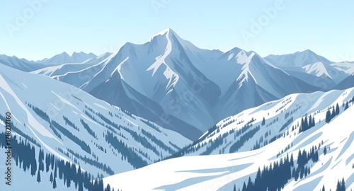 cartoon alpine landscape, cartoon mountain view, cartoon snow mountains, cartoon pine forest mountains, cartoon mountain nature art, cartoon hills with sun, cartoon grass mountains, cartoon landscape 