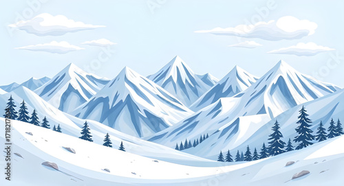 winter mountain cartoon background, snowy landscape, winter scene, mountain illustration, cold season, snow hills, cartoon nature, frozen forest, icy peaks, holiday background, winter sky, frosty weat