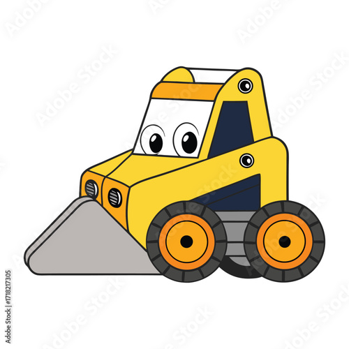 A cheerful cartoon skid steer with big wheels and a friendly face, lifting dirt and materials, ready for fun construction adventures in a playful, animated style.
