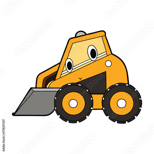 A cheerful cartoon skid steer with big wheels and a friendly face, lifting dirt and materials, ready for fun construction adventures in a playful, animated style.
