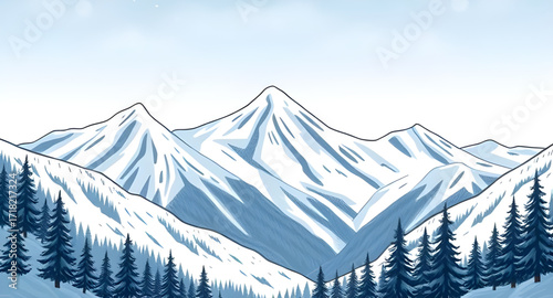 winter mountain cartoon background, snowy landscape, winter scene, mountain illustration, cold season, snow hills, cartoon nature, frozen forest, icy peaks, holiday background, winter sky, frosty weat