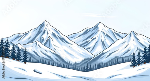 winter mountain cartoon background, snowy landscape, winter scene, mountain illustration, cold season, snow hills, cartoon nature, frozen forest, icy peaks, holiday background, winter sky, frosty weat