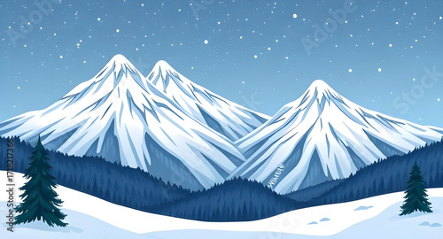 winter mountain cartoon background, snowy landscape, winter scene, mountain illustration, cold season, snow hills, cartoon nature, frozen forest, icy peaks, holiday background, winter sky, frosty weat