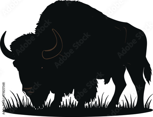 bison silhouette, grazing bison, wild buffalo, animal outline, bison horns, bison fur, bison grass, bison nature, bison profile, bison pose, bison artwork, bison drawing,