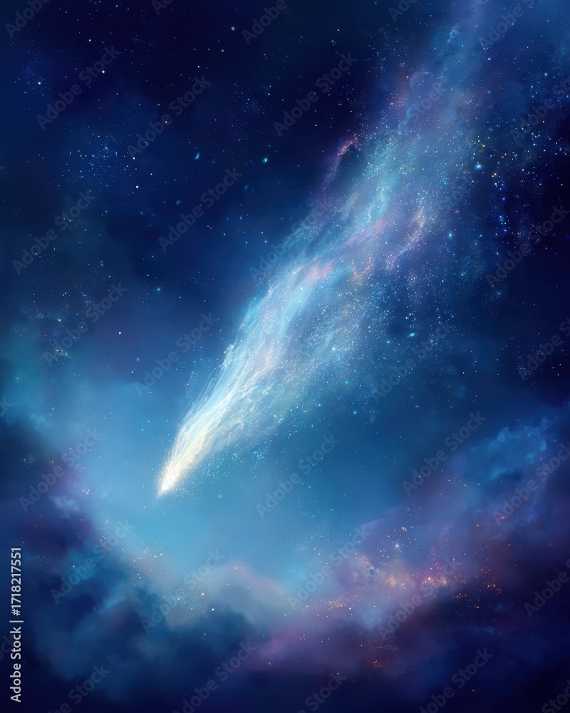 Obraz premium Ethereal Comet Streaking Through Deep Blue Nebula, Sparkling Stars, Cosmic Wonder.
