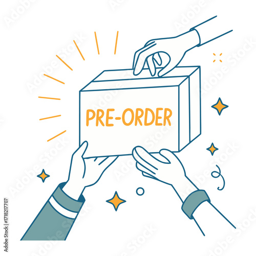 Hands passing a pre-order box with excitement and sparkles a celebratory moment