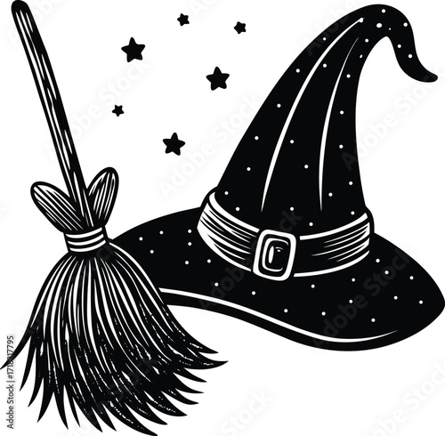 A whimsical vector cartoon illustration shows a magic hat and wand resting by a sparkling holiday tree under a sky filled with twinkling stars and gentle snowflakes