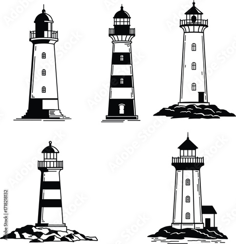 Lighthouse silhouette vector collection, coastal tower illustration, beacon design graphic, marine navigation icon, ocean safety structure art, seaside architecture strong guiding light
