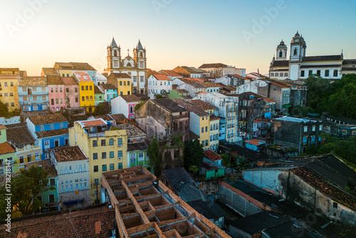 Aerial View of Historical Pelourinho District With Colorful Colonial Buildings and Churches in Salvador City, Northeast of Brazil