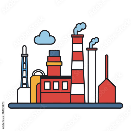 A detailed illustration representing an oil refinery with tall chimneys, storage tanks, and industrial pipes, symbolizing energy production and modern industry.
