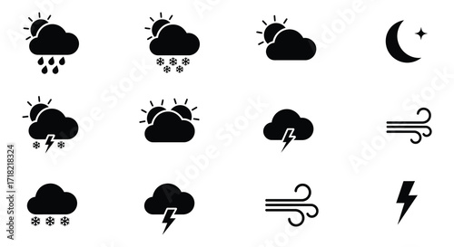 Simple black weather icons depicting various atmospheric conditions and phenomena