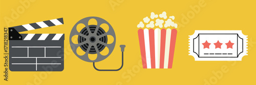 Cinema Icon Set in Line Style – Popcorn Box, Movie Reel, Clapperboard, Admit One Ticket, Three Stars on Yellow Background, Flat Design, Isolated