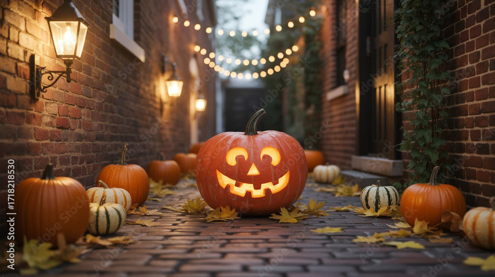 Fototapeta premium Carved Jack O Lantern and Pumpkins in Brick Alleyway