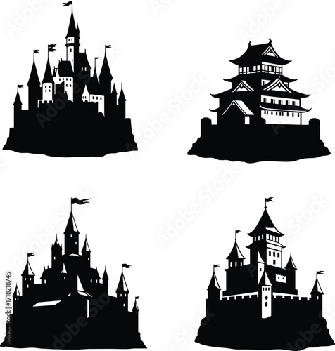Castle silhouette vector set, medieval fortress illustration, fantasy palace design, royal stronghold icon, ancient architecture graphic, fairytale citadel building art