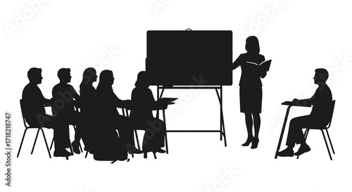 A silhouette of a business presentation with a presenter and audience