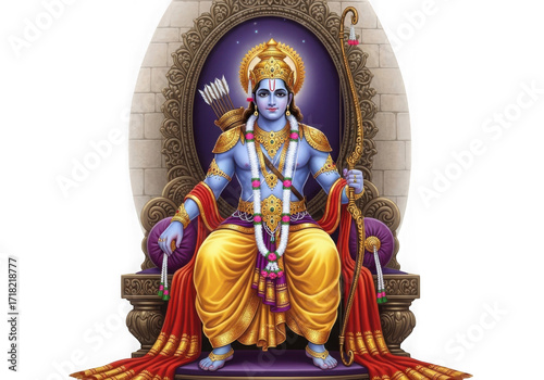 Majestic lord rama seated on ornate throne radiating divine aura hindu deity art isolated on transparent background