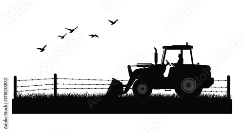 Silhouette of a tractor with flying birds against a white background