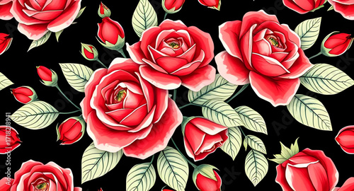 seamless blooming roses, rose motif pattern, seamless fabric design roses, romantic floral seamless, fashion rose print, seamless red roses, seamless flower textile, rose fabric motif, seamless textil