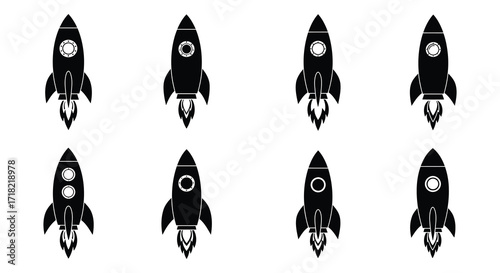 Simple black and white rocket ship icons arranged in a grid pattern