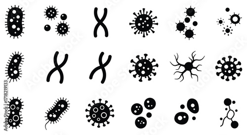 Illustrations of various microorganisms including bacteria viruses and chromosome structures