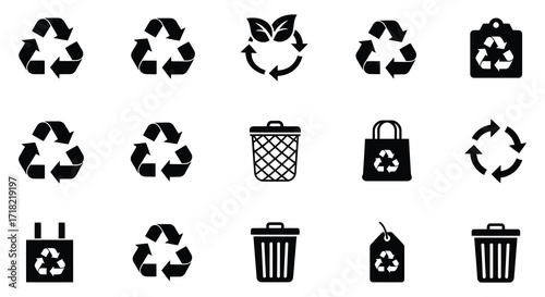 Collection of black recycling and sustainability related icons on white background