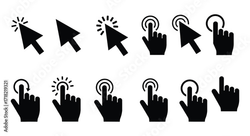 Collection of black hand cursor icons displaying various clicking actions