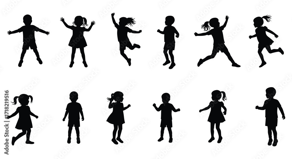 Naklejka premium Joyful silhouettes of children playing and jumping in a cheerful scene