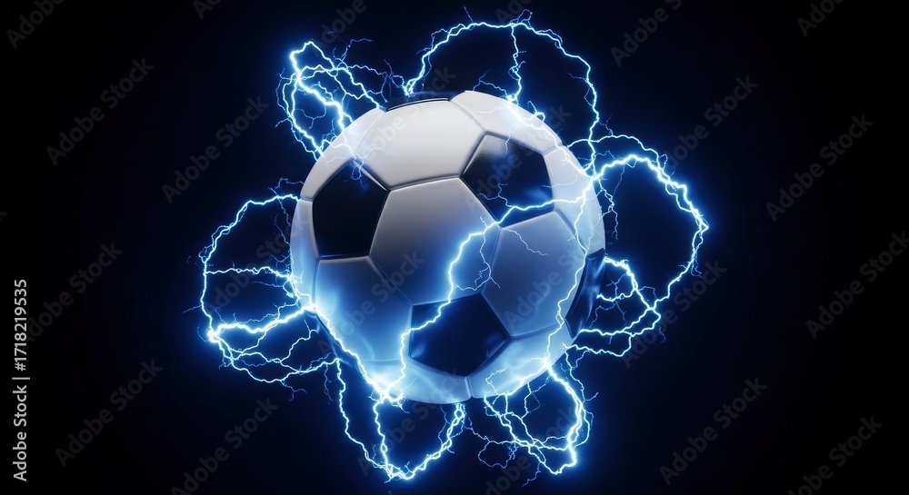 Fototapeta premium A classic soccer ball with white and black panels encircled by vivid blue electrical discharges against a dark stark background