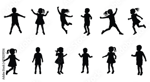 Joyful silhouettes of children playing and jumping in a cheerful scene