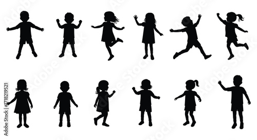 A collection of silhouetted children joyfully jumping and playing outside