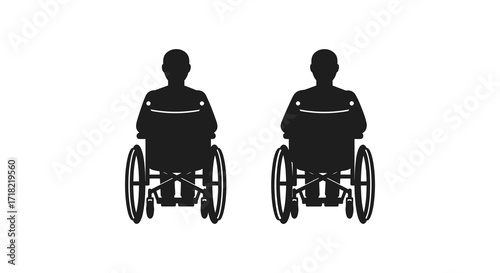 Two silhouetted figures in wheelchairs facing forward simple graphic illustration