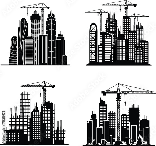 Construction skyline silhouettes, skyscraper buildings with cranes, modern city architecture, high-rise development, urban construction site, metropolitan growth, real estate skyline, tower cranes