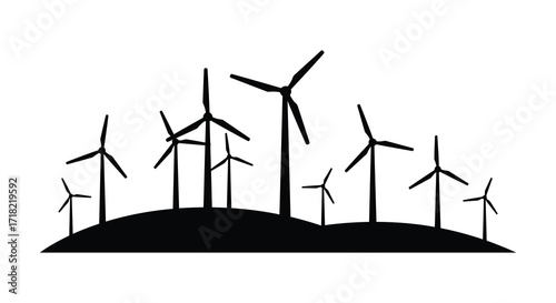 A minimalist scene of multiple wind turbines on rolling hills