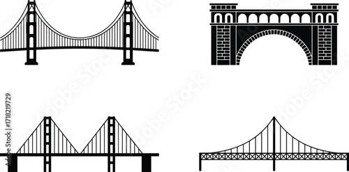 Bridge silhouette vector set, suspension bridge design, arch bridge illustration, cable stayed construction, modern landmark structure, urban river crossing architecture graphic