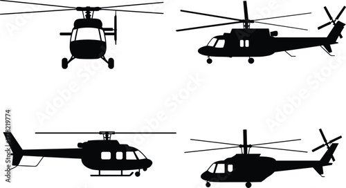 Helicopter silhouettes, aviation vector, aircraft icons, military transport, commercial choppers, rotor blades, aerospace design, flight illustration, black shapes, side 
