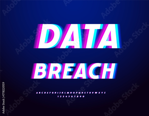 Vector Trendy logo Data Breach. Glitched style Font. Digital Error Alphabet Letters and Numbers set.