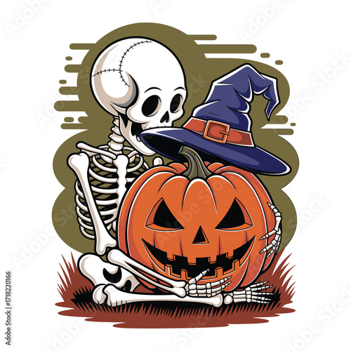 Halloween Skeleton Hugging Pumpkin Illustration for Spooky Party Designs