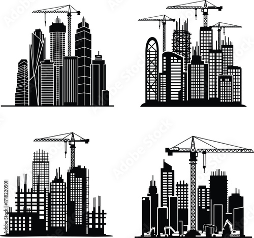 City construction silhouettes, skyscraper skyline with cranes, urban building development, high-rise architecture illustration, modern city growth, construction site skyline, metropolitan buildings