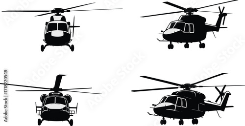 Helicopter silhouettes, aviation vector, front view, side angle, rotor design, military aircraft, aerospace icon, flight illustration, black shapes, tactical transport