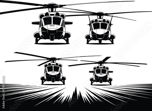 Helicopter silhouettes, aviation vector, flight motion, rotor design, tactical aircraft, military transport, black shapes, aerospace illustration, cockpit view, speed lines