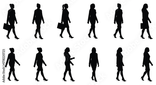 Silhouettes of women walking in various poses and business attire