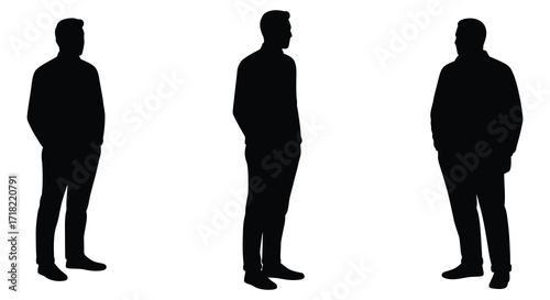Simple silhouettes of three men standing in a row against white