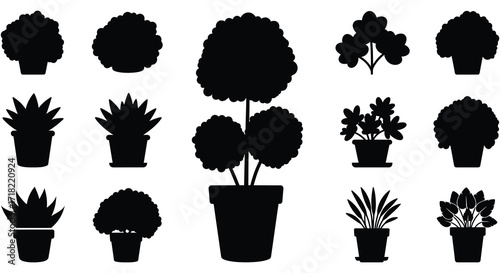 Collection of potted plant silhouettes in a minimalist black and white style
