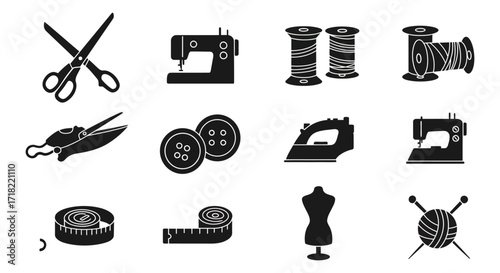 A collection of sewing tools and accessories in black and white