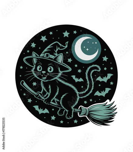 Witch Cat Flying on Broom Artwork for Spooky Night Party Designs