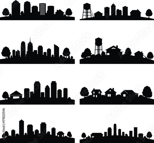 City and village skyline silhouette vector set, urban skyscraper outline, rural house design, suburban neighborhood shape, landscape with trees, water tower illustration